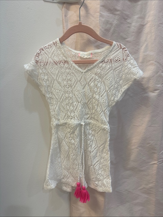 Egg New York Other - Girls' White Crochet V-Neck Swim Coverup with Pink Tassel